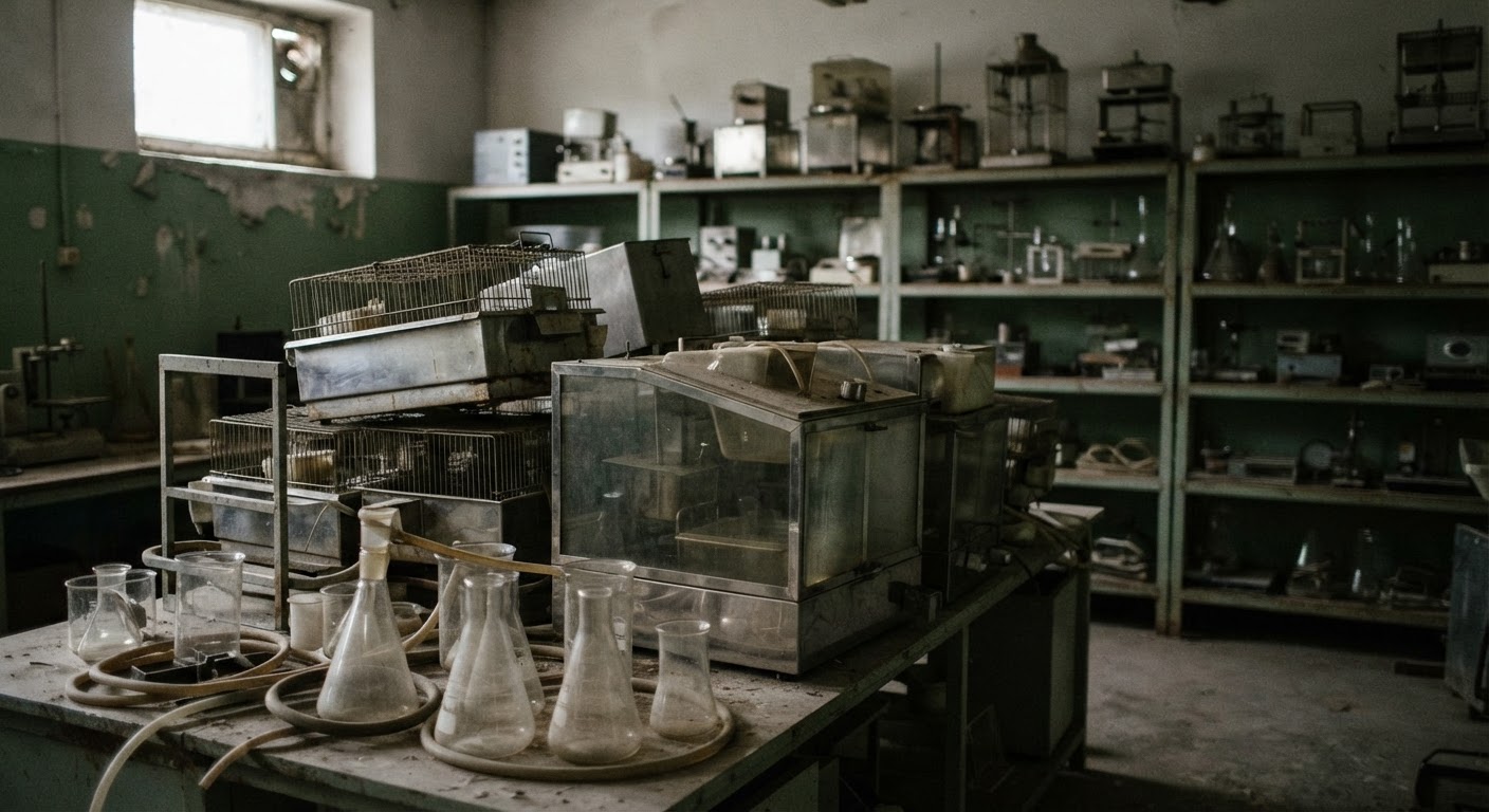 Wyposażenie laboratoryjne używane dawniej do testów na zwierzętach.
