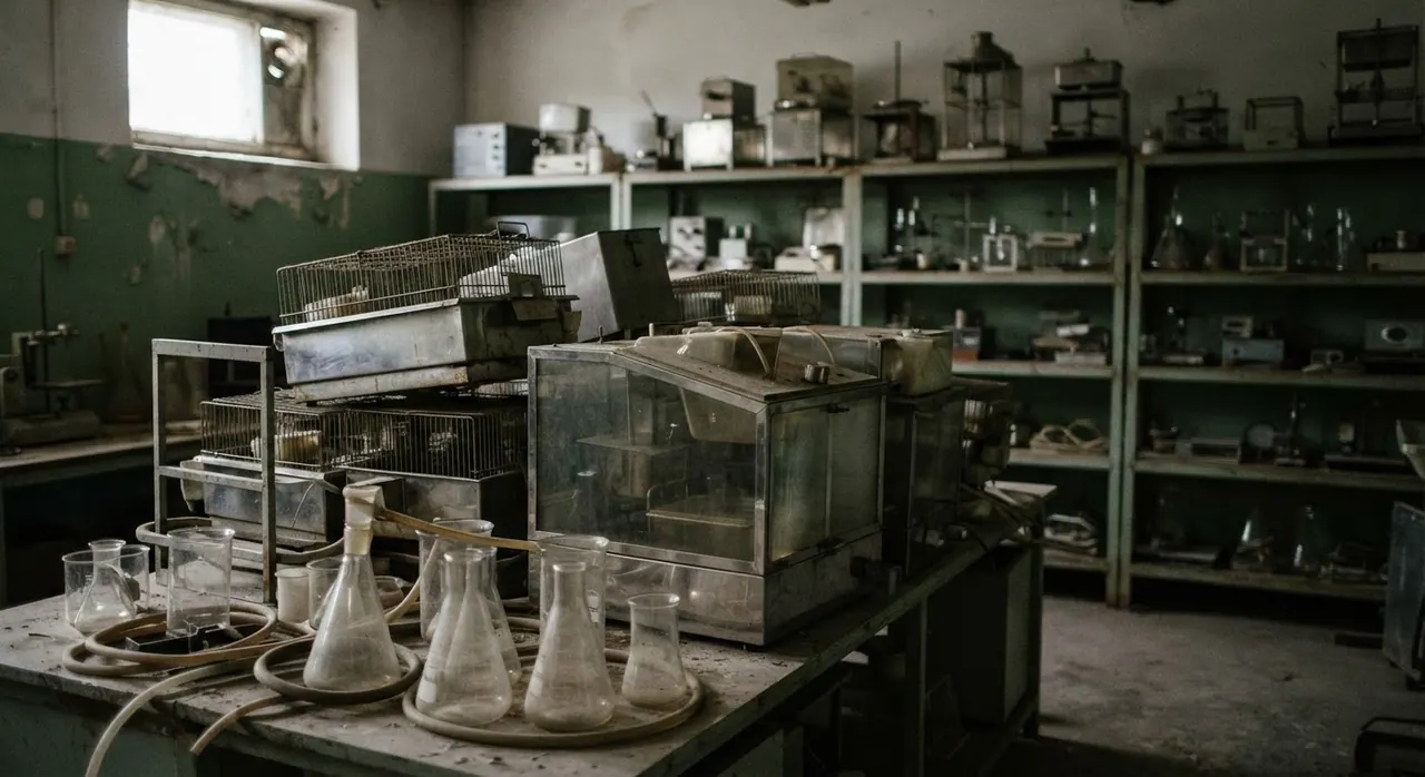 Wyposażenie laboratoryjne używane dawniej do testów na zwierzętach.