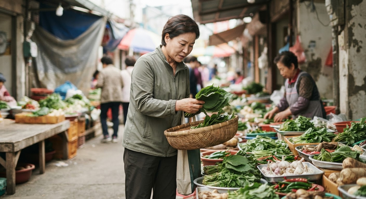 한국 전통 시장에서 신선한 채소를 고르는 여성. 지역 농산물을 이용한 비건 식단은 신선함과 영양을 더합니다.