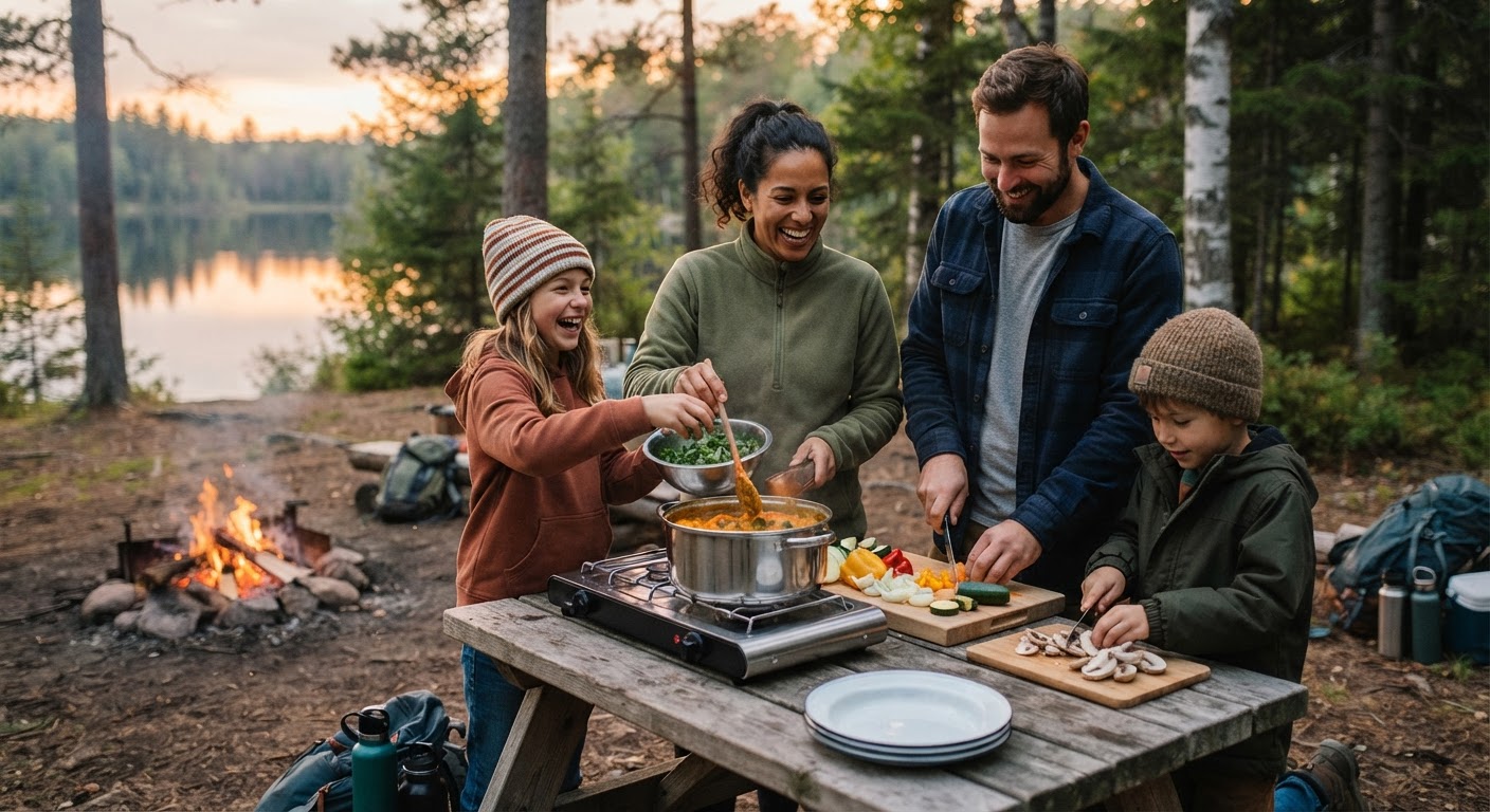A family smiles while preparing a colourful vegan meal on a portable stove near a campfire.