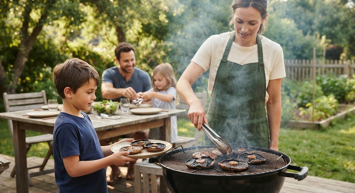 Grilled portobello mushroom 'steaks' provide a robust, flavourful vegan main course.
