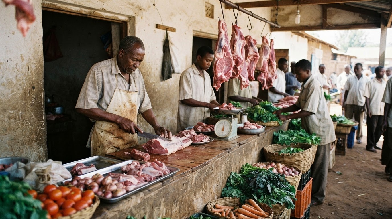 Duka la wachinjaji wa kienyeji Afrika Mashariki likionyesha nyama na mboga