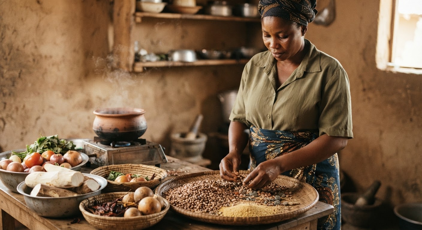 Wata mata tana shirya abinci da kayan lambu na gida kamar dawa da wake, wanda za a iya amfani da shi wajen samar da abincin haɗaɗɗen nama.
