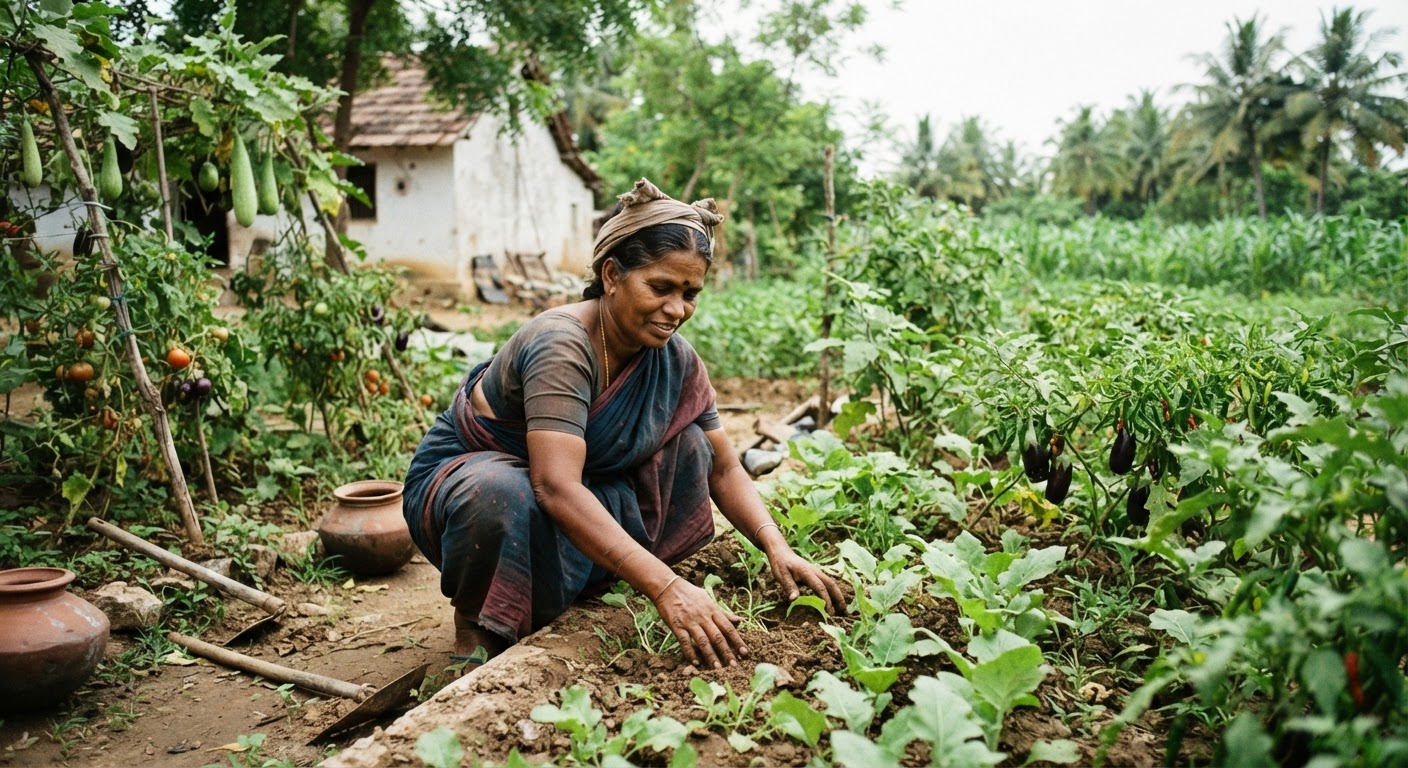 தமிழ்நாட்டில் காய்கறி தோட்டம் பராமரிக்கும் பெண்