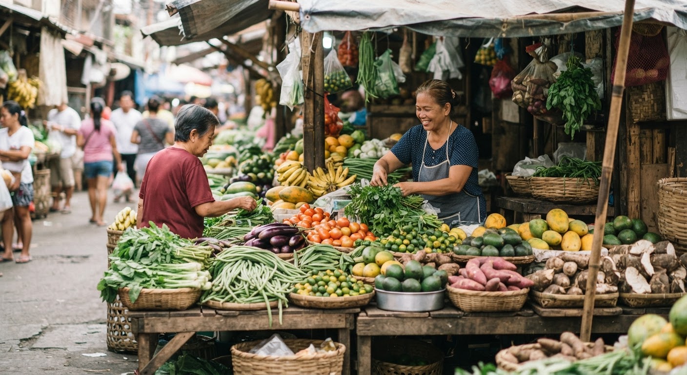 Masaganang stall sa palengke ng Pilipinas na puno ng sariwang gulay at prutas.