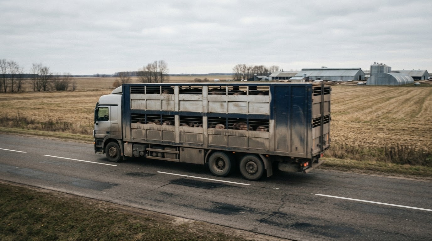 Вантажівка з худобою, що перевозить тварин дорогою