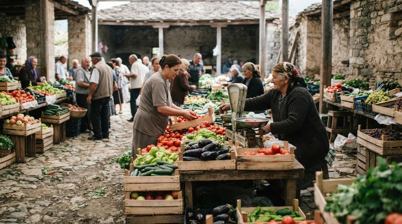Treg tradicional shqiptar me fruta dhe perime të freskëta