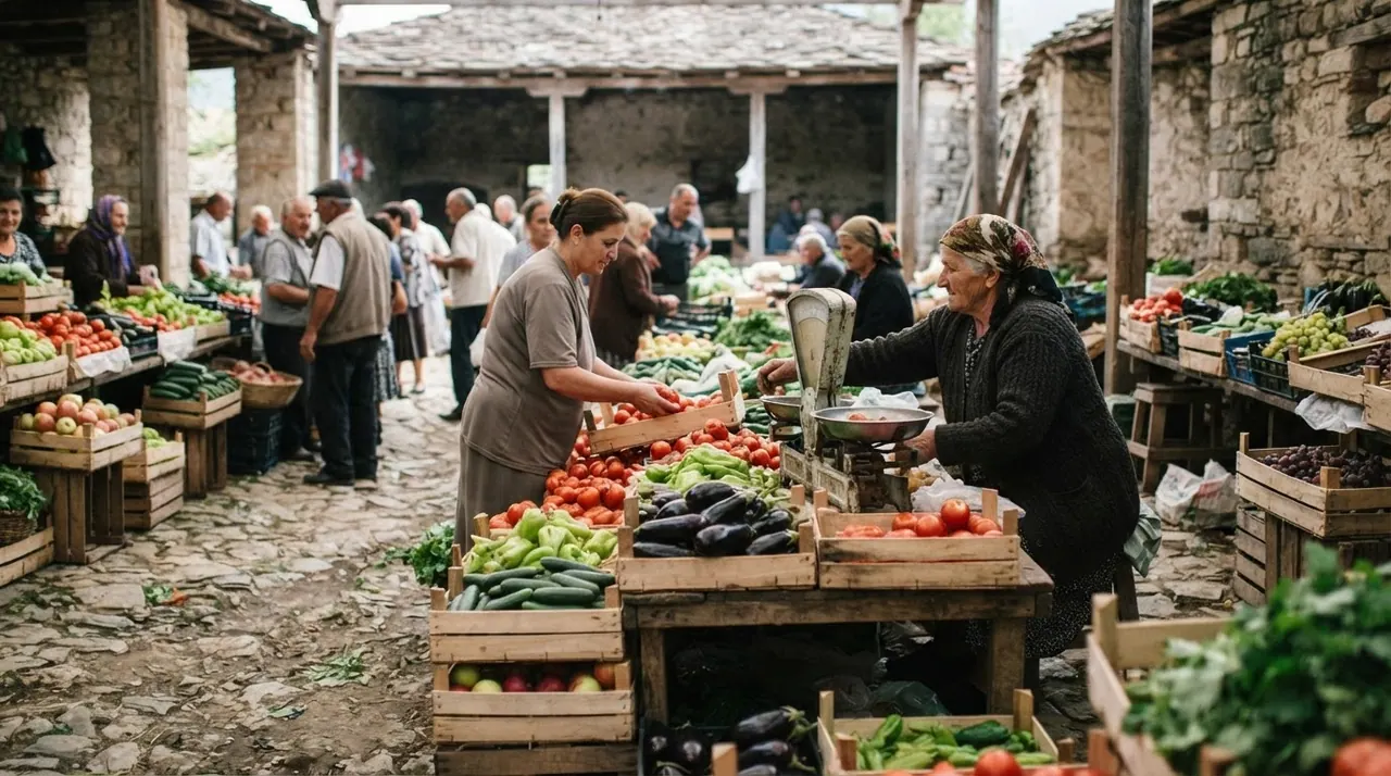 Treg tradicional shqiptar me fruta dhe perime të freskëta