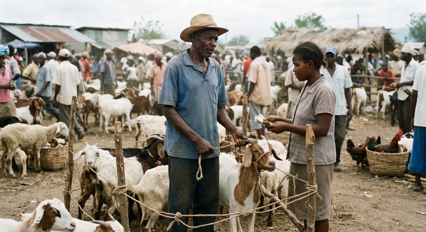Yon fèmye ayisyen k ap vann bèt nan yon mache. Sekirite nan tout chèn pwodiksyon manje a enpòtan.