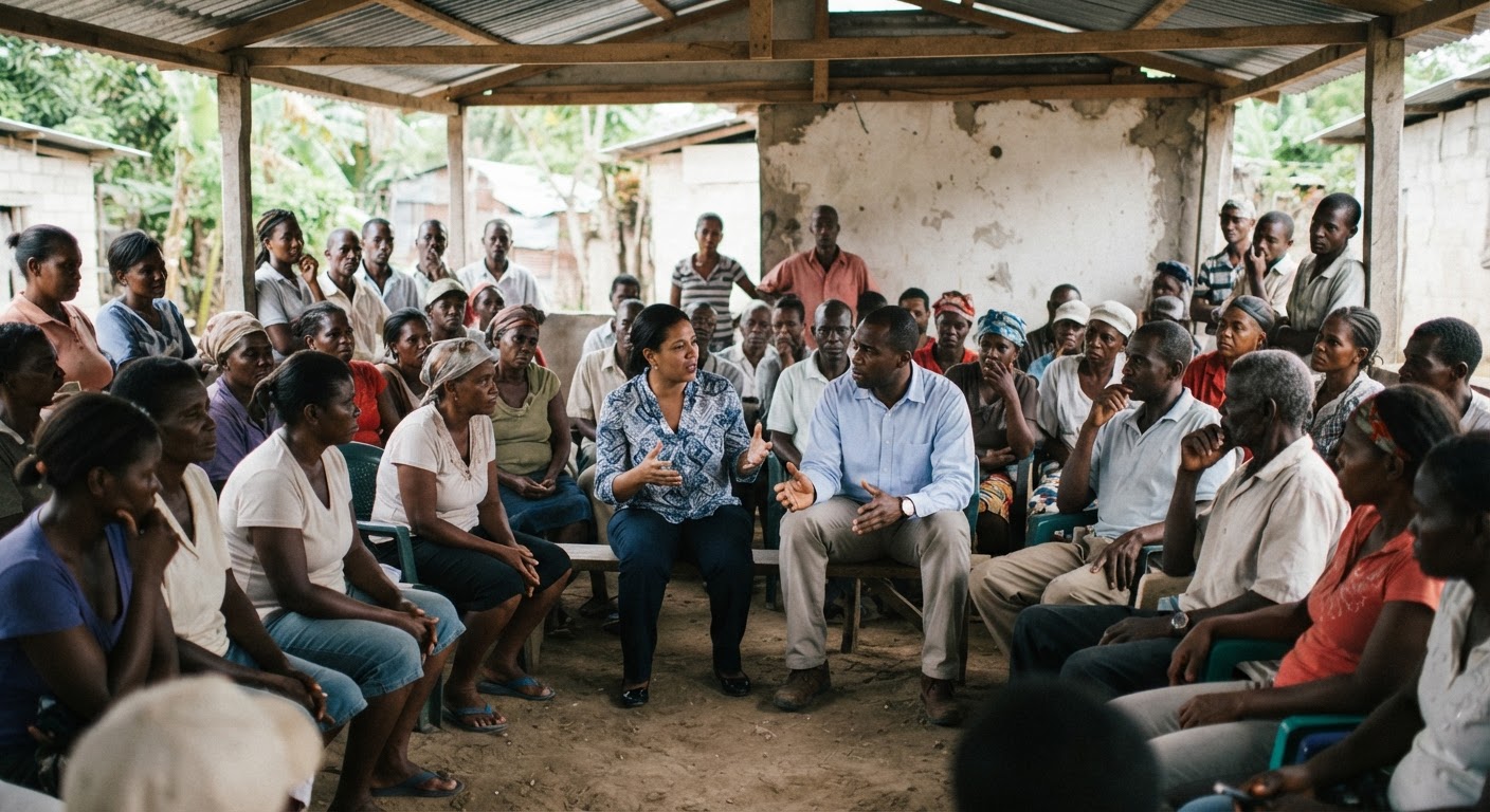 Yon reyinyon kominotè ann Ayiti. Lidèchip lokal yo ak diskisyon ouvè yo esansyèl pou chanjman.