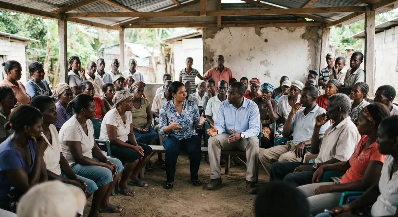 Yon reyinyon kominotè ann Ayiti. Lidèchip lokal yo ak diskisyon ouvè yo esansyèl pou chanjman.