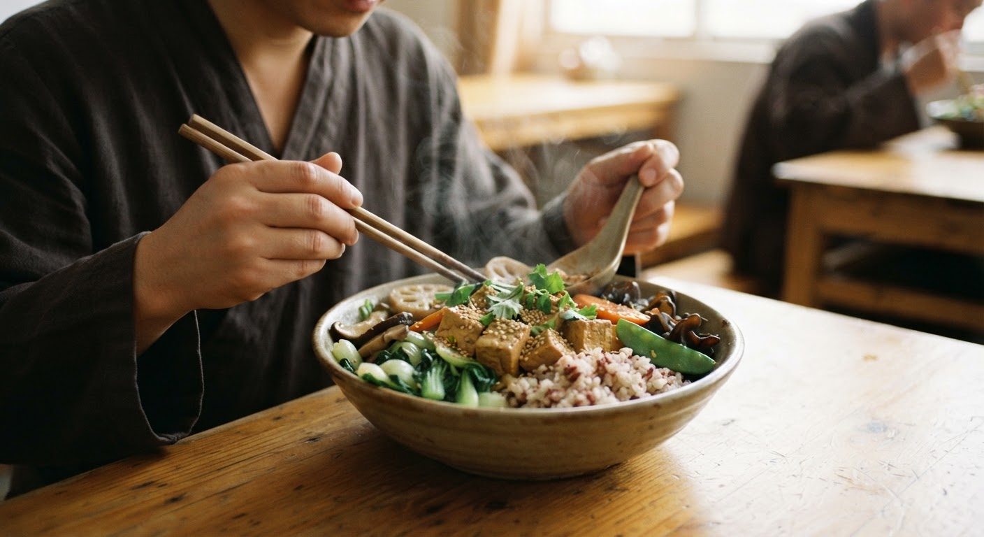 一顿丰盛的佛教素食餐,包含米饭、豆腐和多种蔬菜,体现了饮食的多样性。