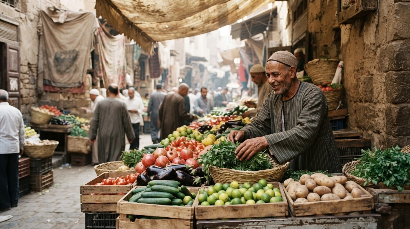سوق مصري تقليدي يعرض منتجات زراعية طازجة