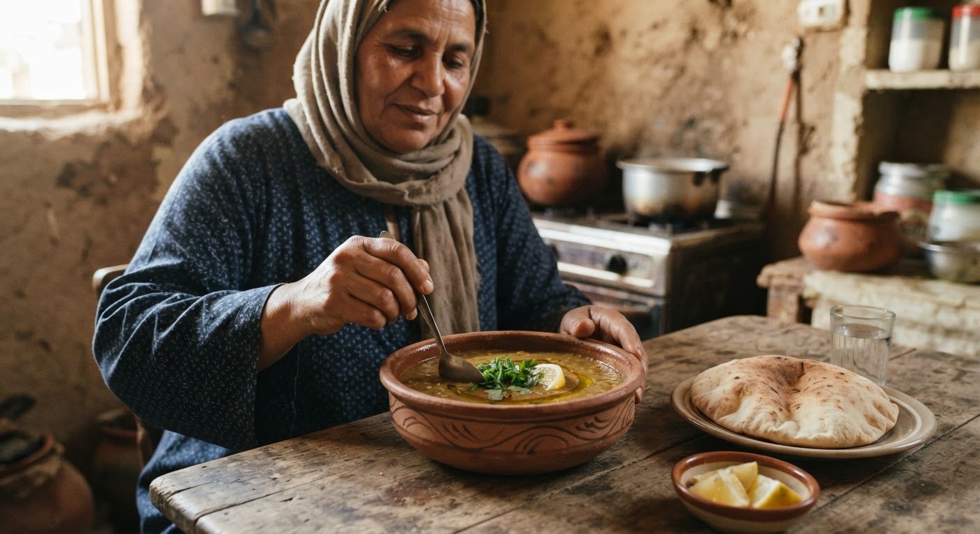 طبق عدس غني، وجبة نباتية مغذية وشائعة في مصر.