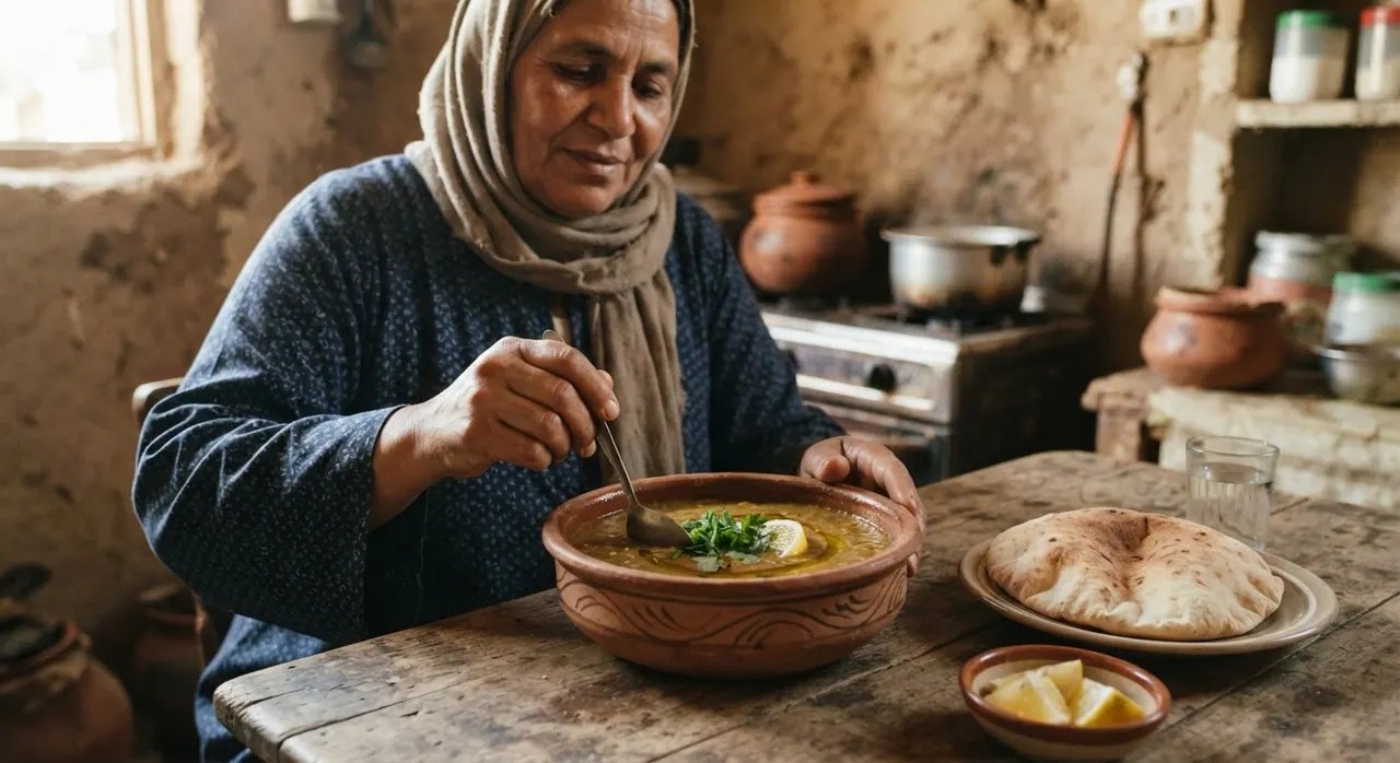 طبق عدس غني، وجبة نباتية مغذية وشائعة في مصر.
