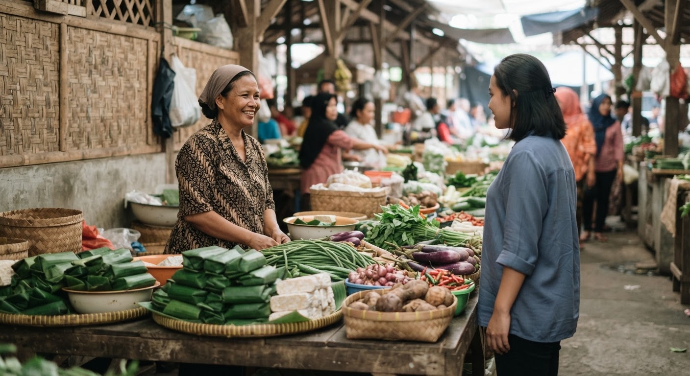 Stan pasar tradisional Indonesia yang menjual tempe dan sayuran segar