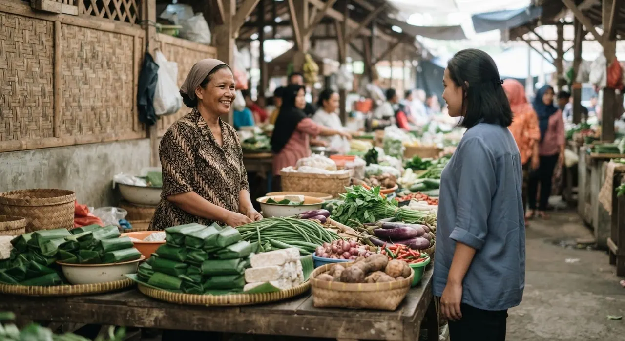 Stan pasar tradisional Indonesia yang menjual tempe dan sayuran segar