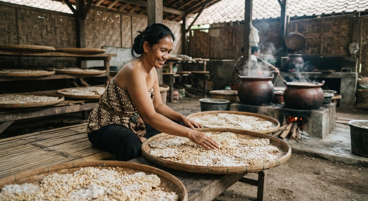 Proses pembuatan tempe tradisional di Jawa, sebuah warisan kuliner yang kaya nutrisi.
