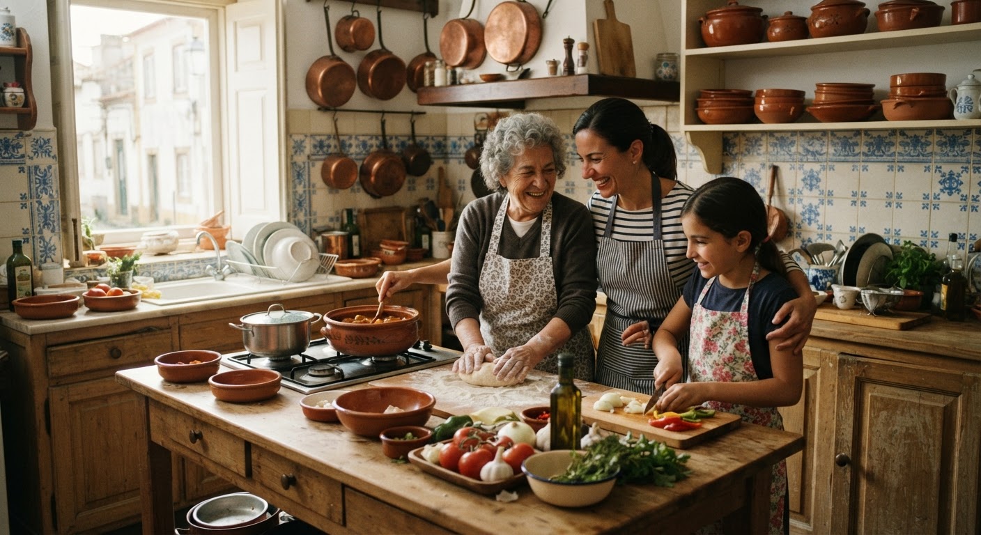 Família portuguesa a cozinhar junta na cozinha