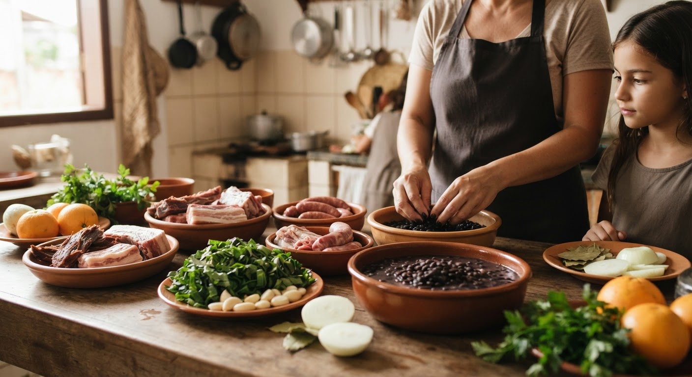 Ingredientes para uma feijoada, um prato tradicional que pode ser adaptado para versões veganas.
