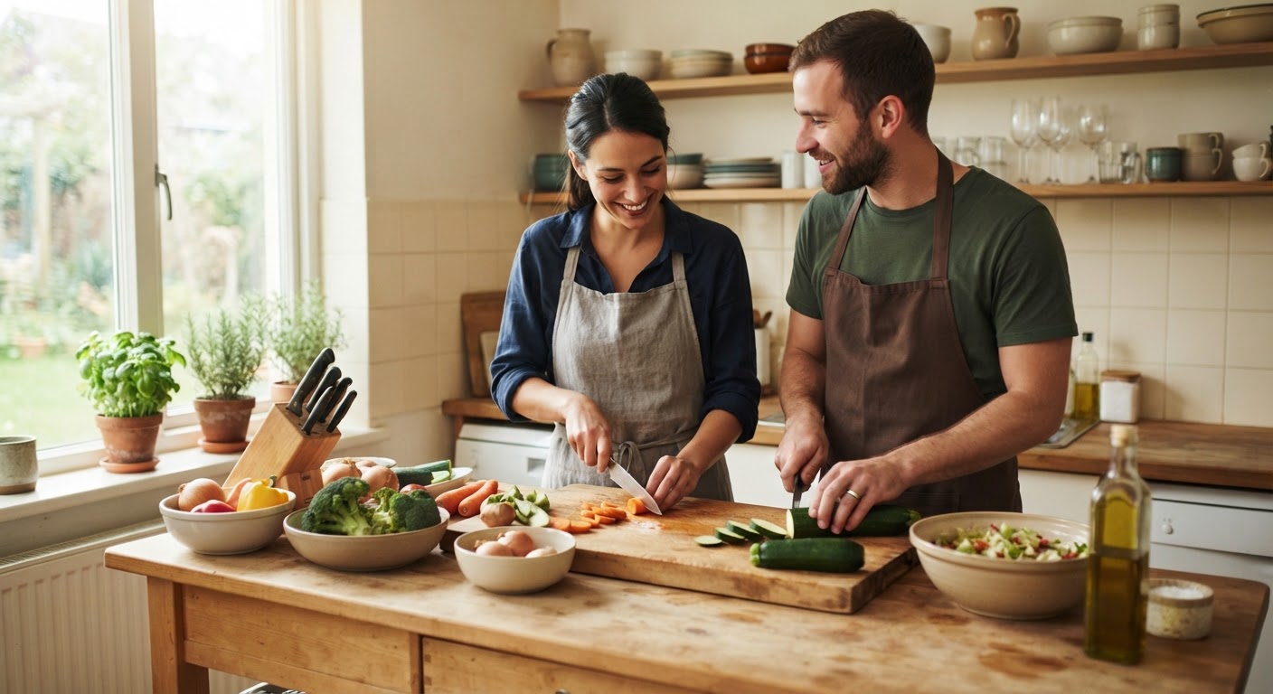 Um casal a preparar vegetais juntos numa cozinha luminosa, simbolizando a colaboração.