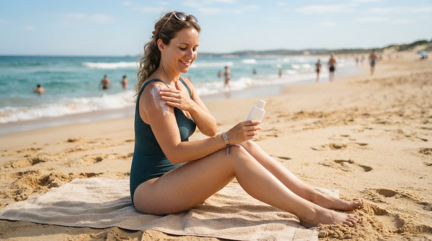Une femme appliquant de la crème solaire sur une plage ensoleillée