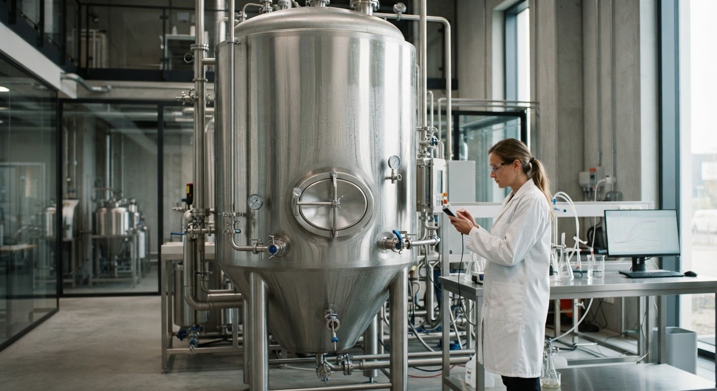 Ein großer Edelstahltank für Fermentationsprozesse in einem modernen Labor.