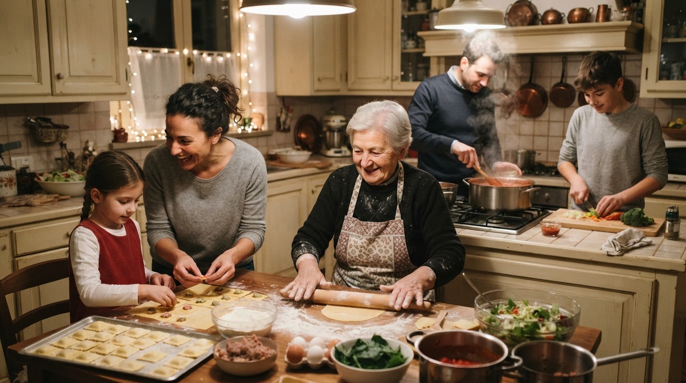 Famiglia italiana che prepara il cibo per la cena di Natale