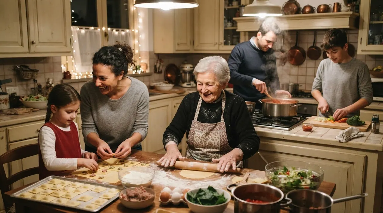 Famiglia italiana che prepara il cibo per la cena di Natale