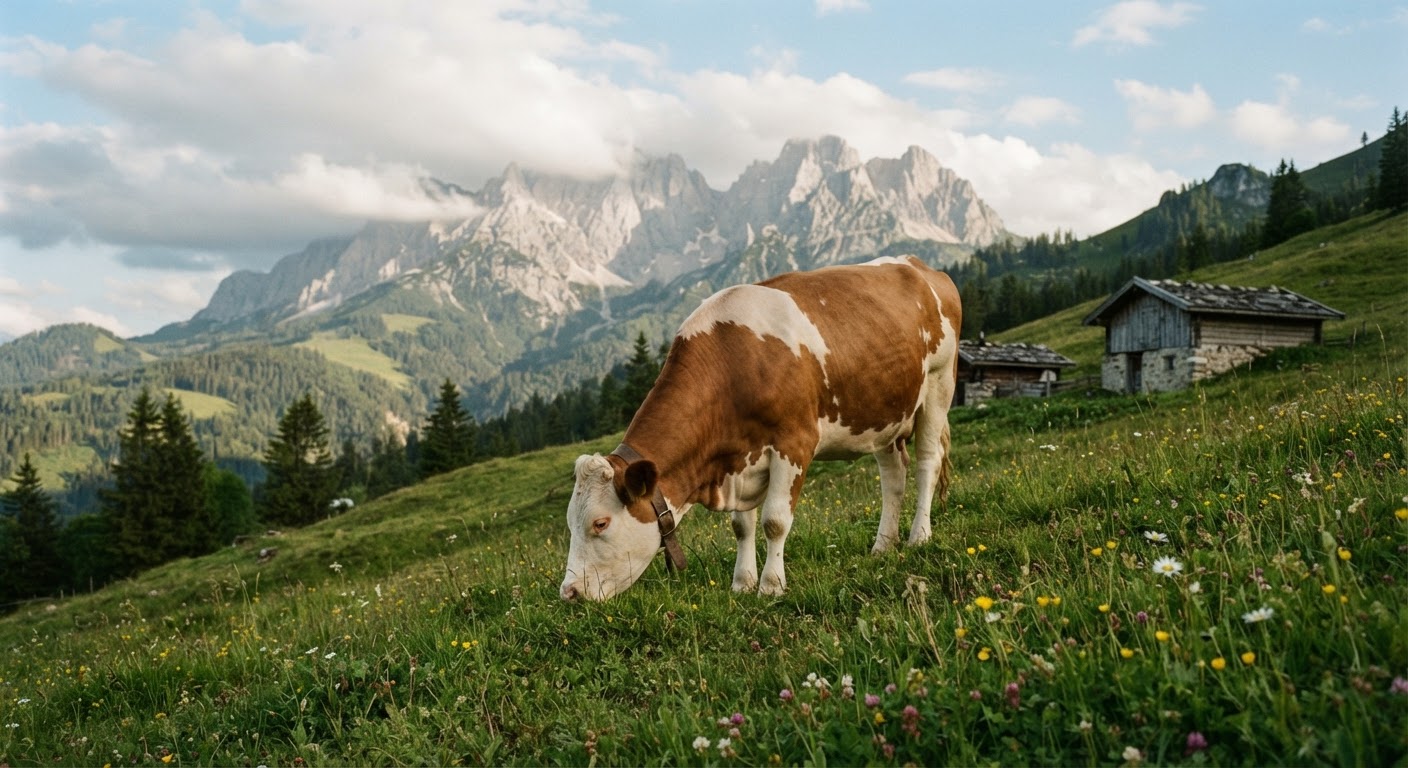 Traditionelle Milchviehhaltung in den Alpen: Ein Sektor im Wandel angesichts neuer Technologien wie der Präzisionsfermentation.