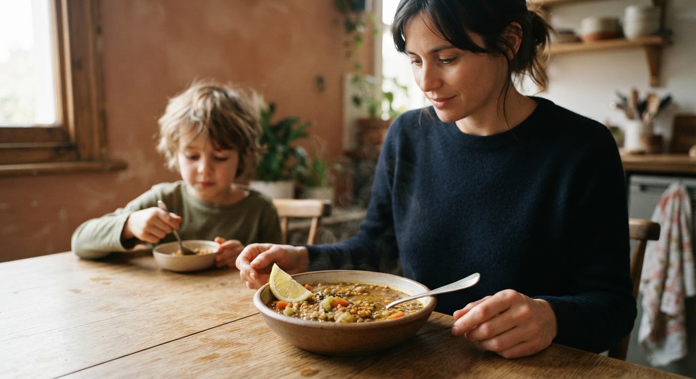 Una zuppa di lenticchie con spicchio di limone, un esempio di come combinare ferro vegetale e vitamina C per un assorbimento ottimale.