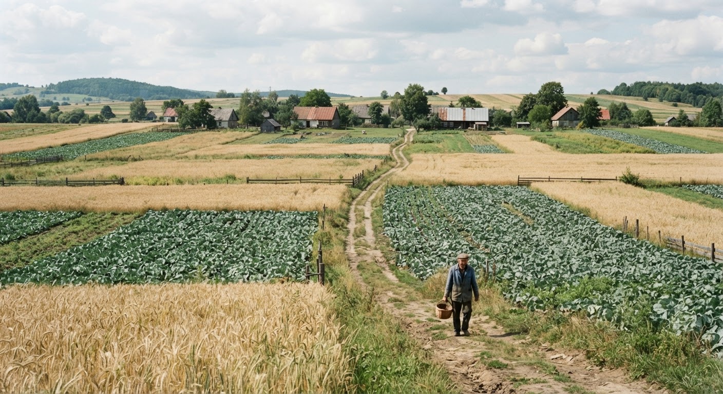Tradycyjny polski krajobraz wiejski z polami zbóż i kapusty