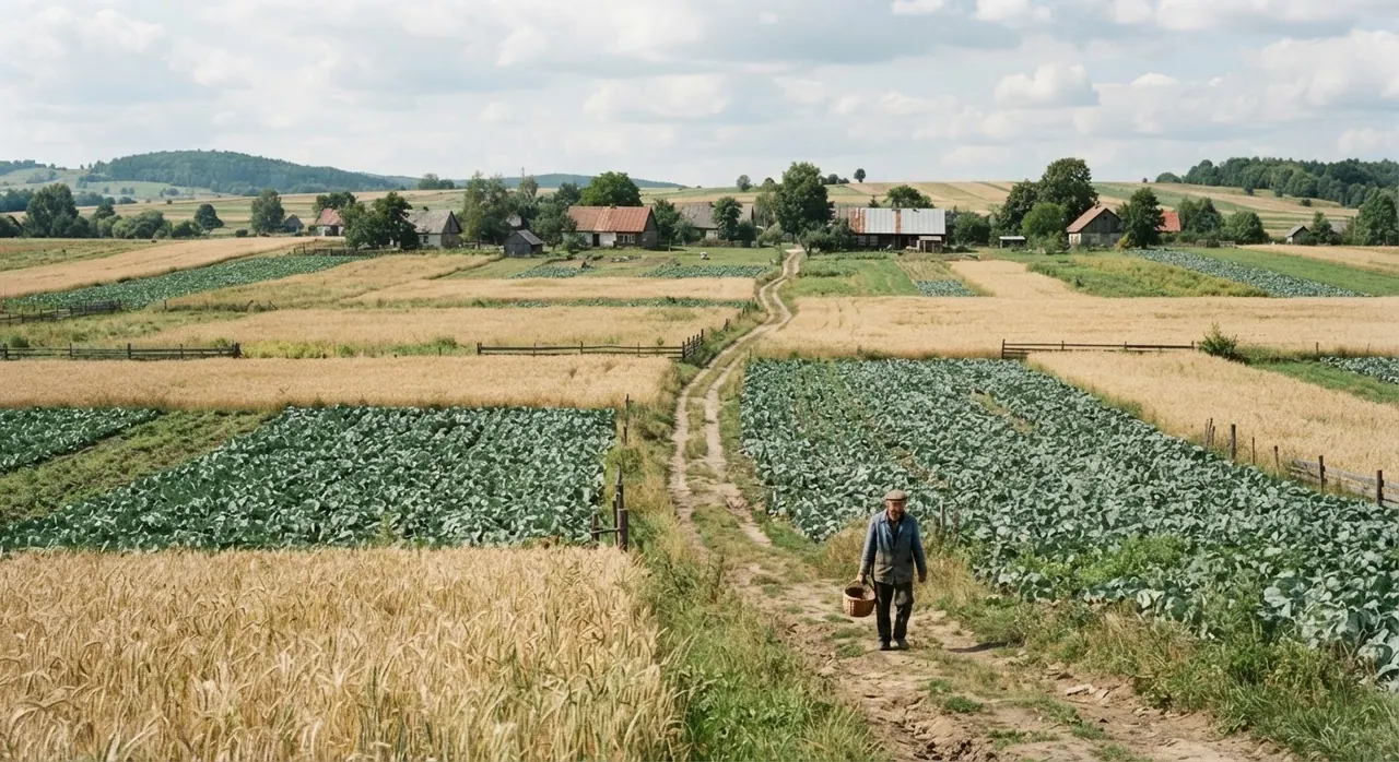 Tradycyjny polski krajobraz wiejski z polami zbóż i kapusty