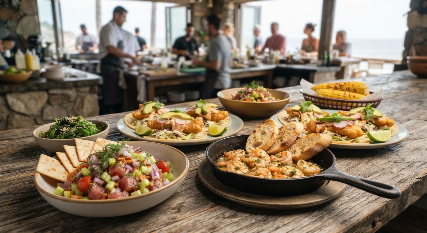 A colourful spread of vegan seafood dishes, including 'tuna' salad, 'shrimp' scampi, and 'fish' tacos.