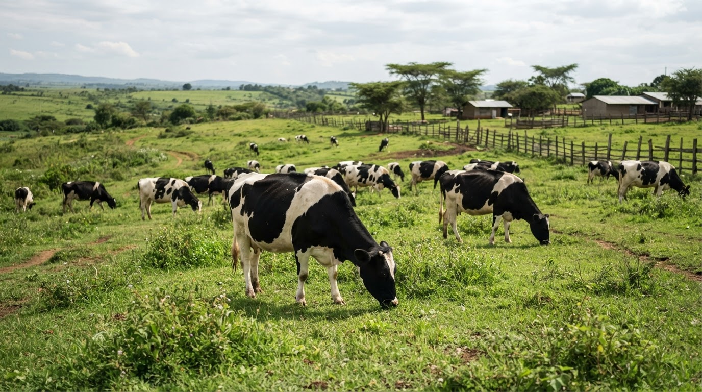 Ng'ombe wa maziwa akila majani kwenye malisho ya kijani kibichi.