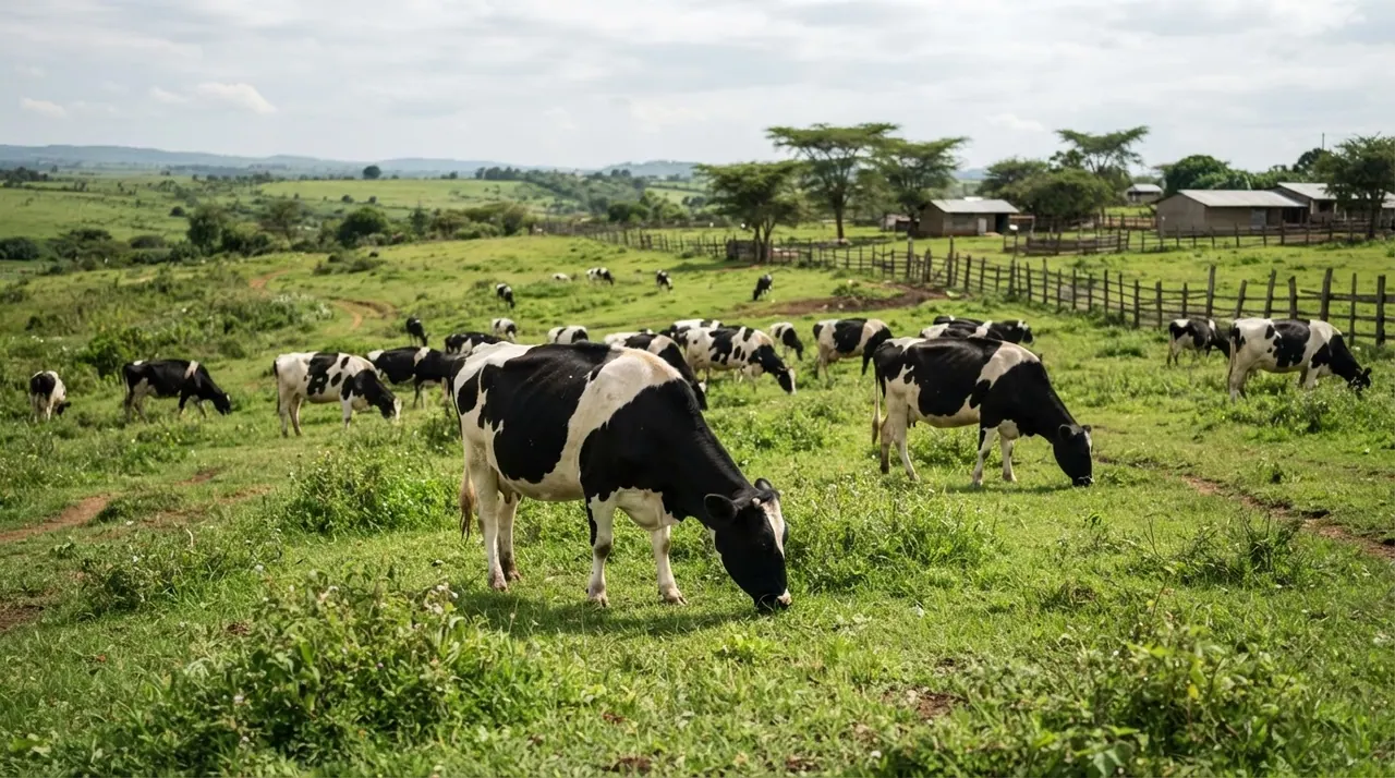 Ng'ombe wa maziwa akila majani kwenye malisho ya kijani kibichi.