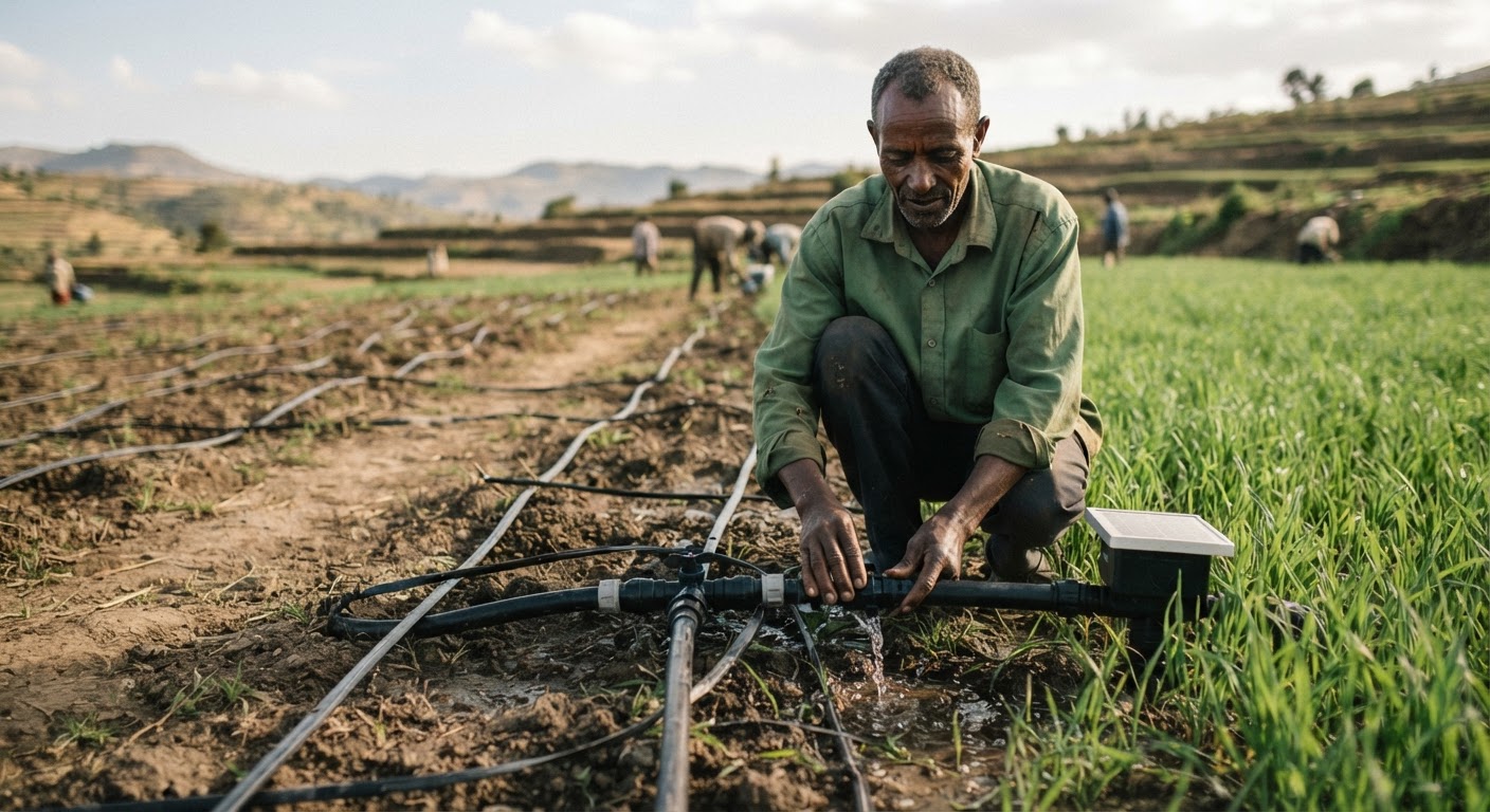የዘመናዊ የውሃ መስኖ ስርዓትን የሚጠቀም የኢትዮጵያ ገበሬ