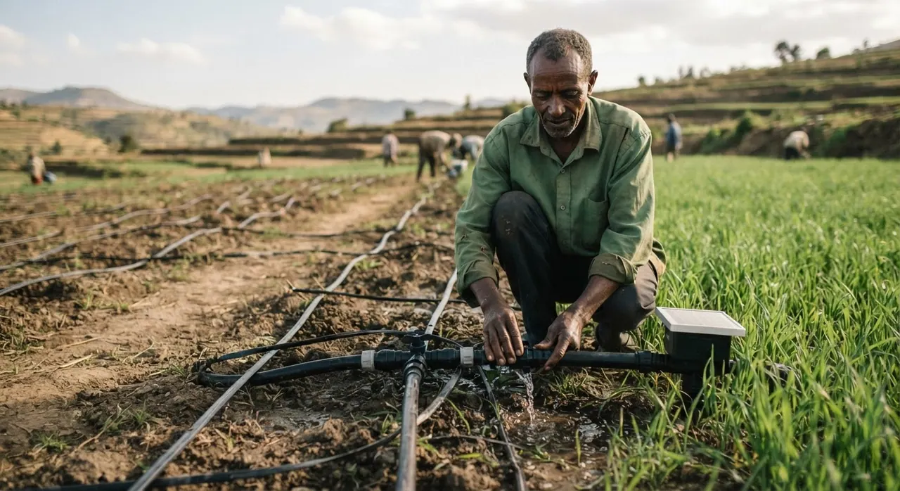 የዘመናዊ የውሃ መስኖ ስርዓትን የሚጠቀም የኢትዮጵያ ገበሬ
