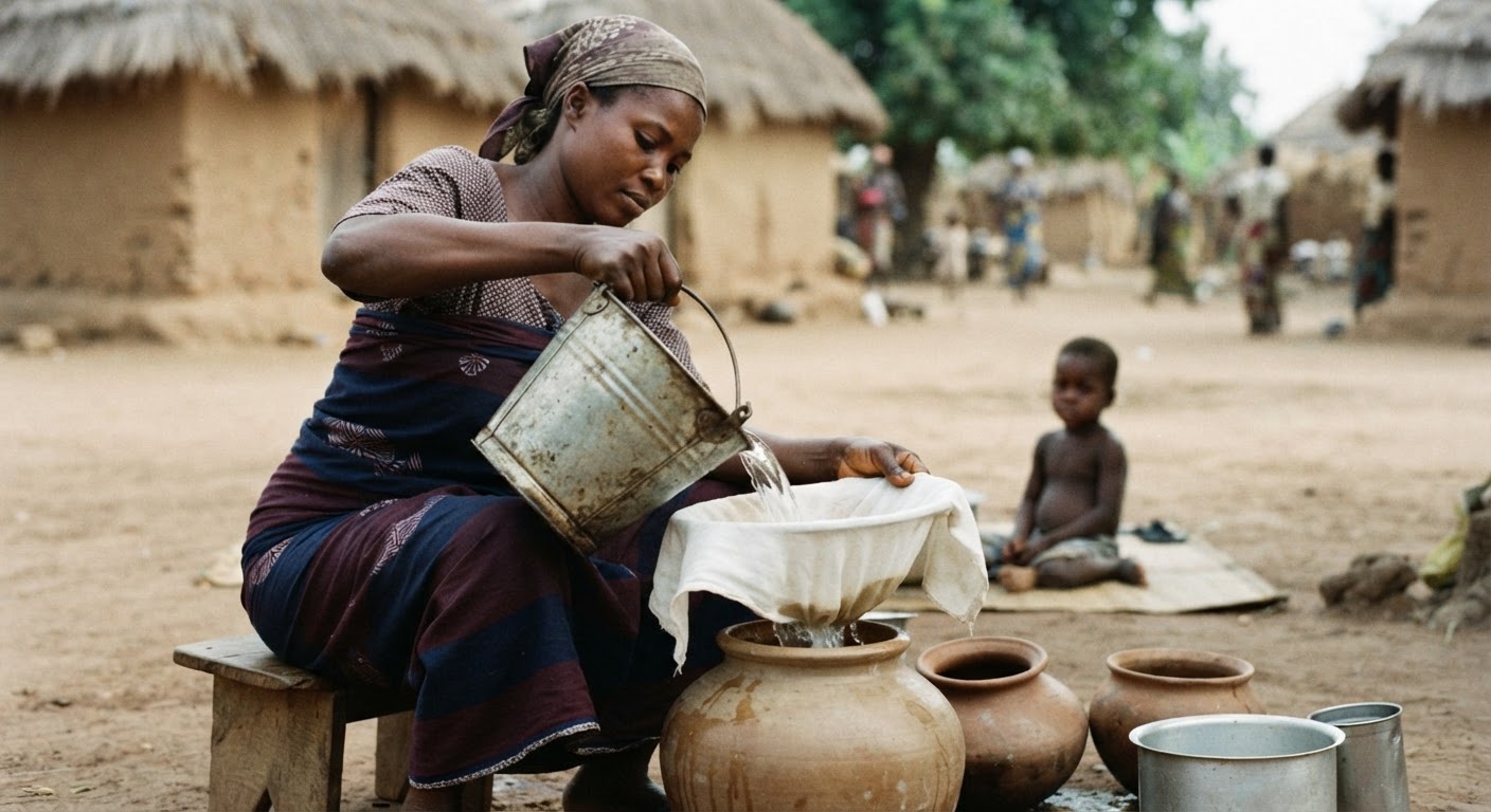 Matar da ke tace ruwa a wani ƙauye don tabbatar da tsabtar ruwan sha.