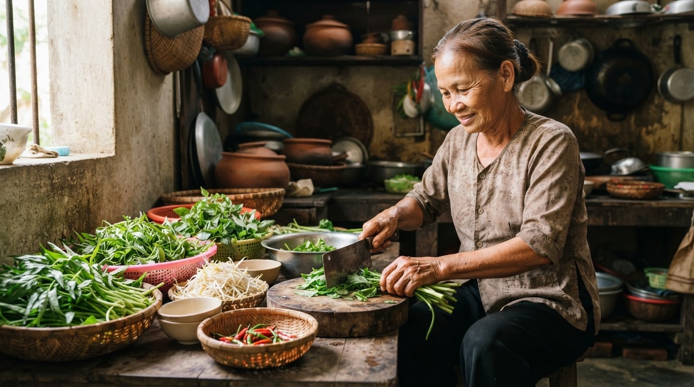 Một phụ nữ Việt Nam đang chuẩn bị rau tươi trong bếp