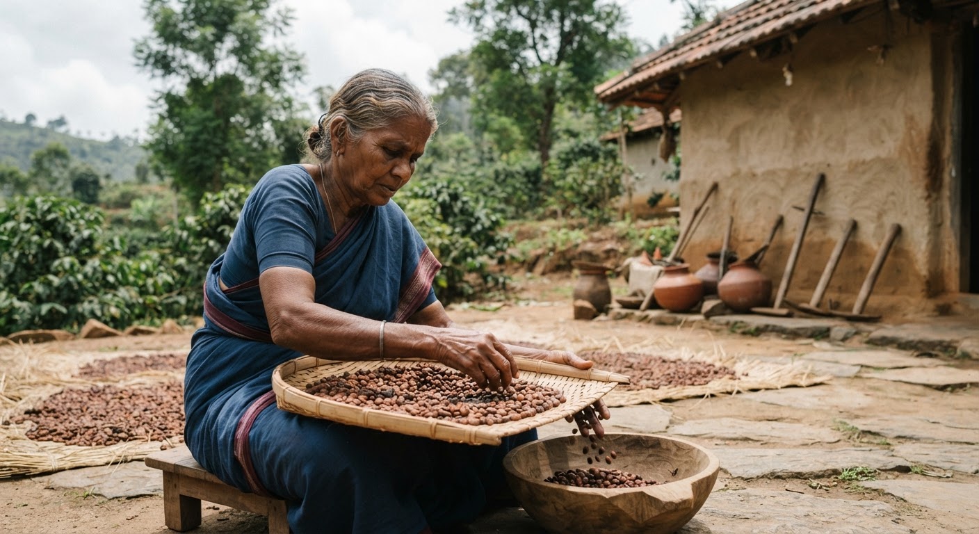 தமிழகத்தில் ஒரு சிறு காபி விவசாயி, தன் கைகளால் காபி கொட்டைகளை பதப்படுத்துகிறார்.