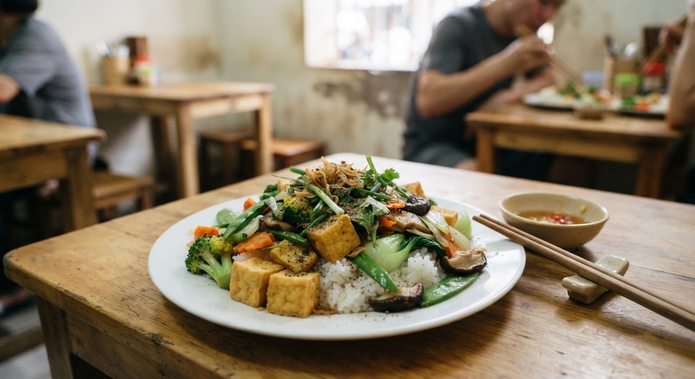 Một đĩa cơm chay đầy màu sắc với đậu hũ, rau củ và nấm.