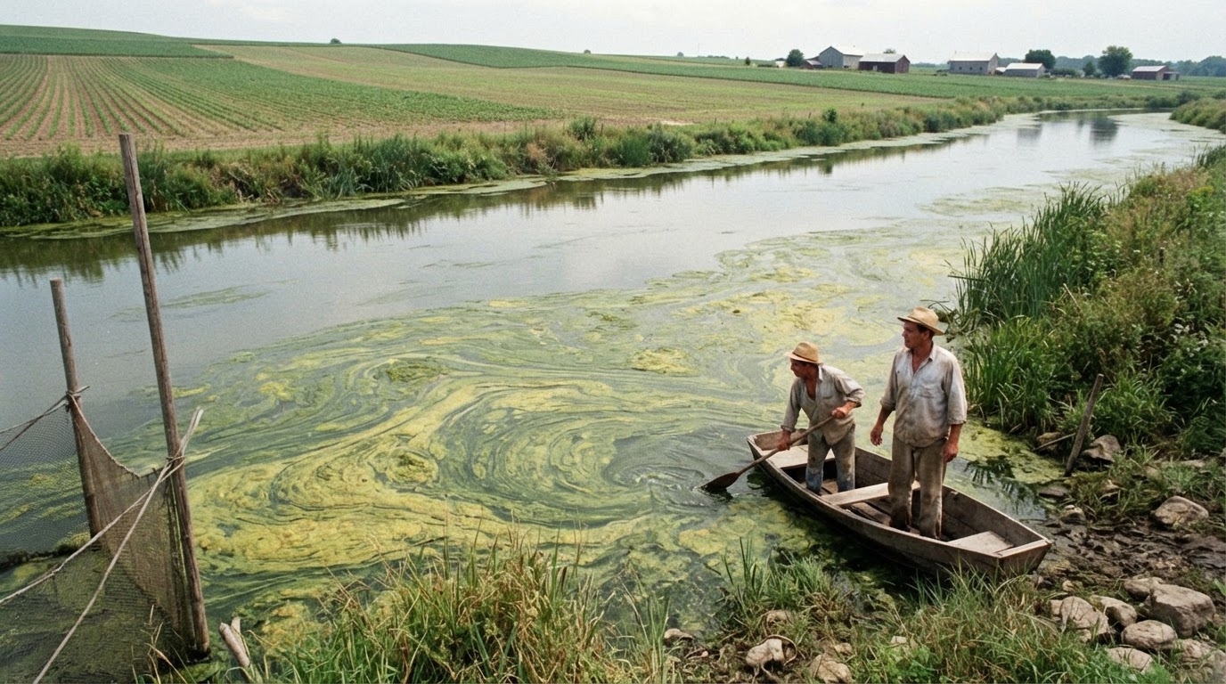 Mabulaklak na algae sa isang ilog malapit sa mga sakahan