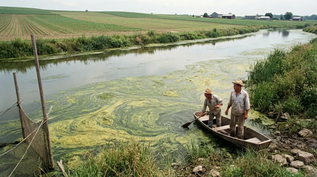 Mabulaklak na algae sa isang ilog malapit sa mga sakahan