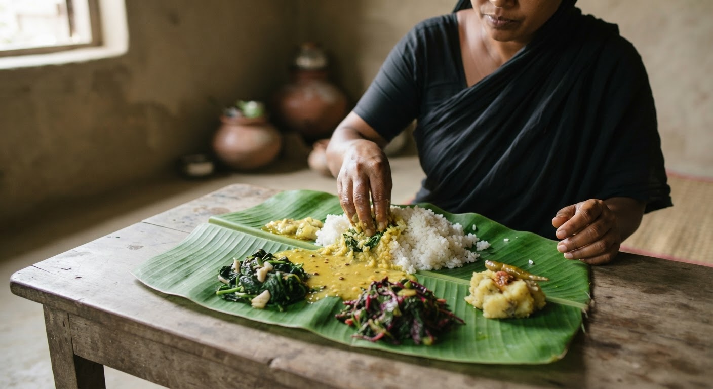 ভাত, ডাল এবং বিভিন্ন সবুজ শাকসবজি সহ ঐতিহ্যবাহী বাঙালি খাবার।