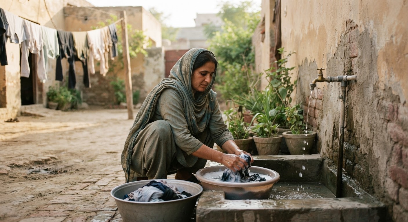 ایک پاکستانی خاتون نل کے قریب ہاتھ سے کپڑے دھو رہی ہے