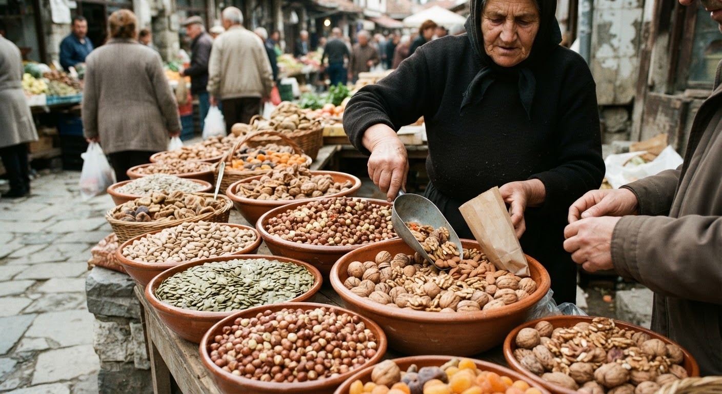 Përzierje e karkalecave dhe farave të freskëta në një treg fshati ballkanik.