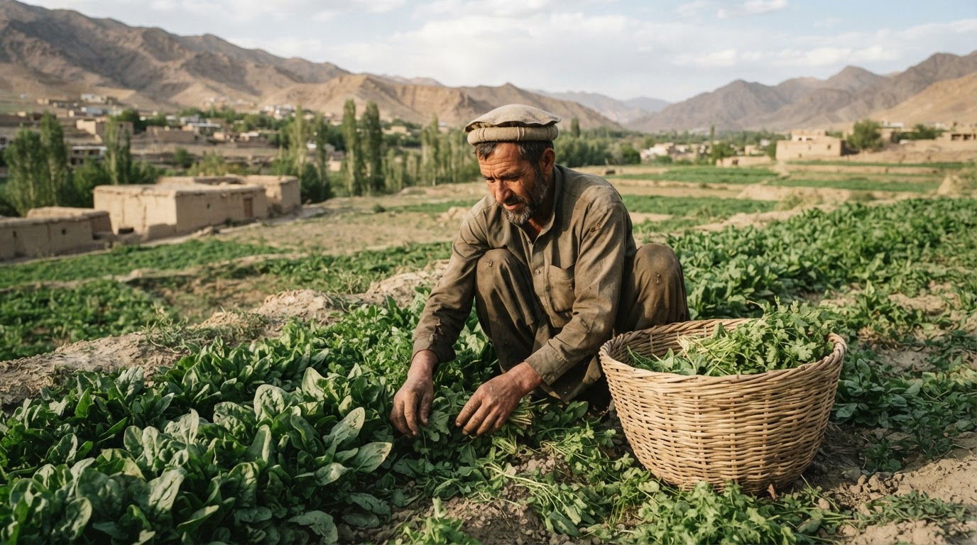 کشاورز هراتی در حال برداشت سبزیجات تازه از مزرعه