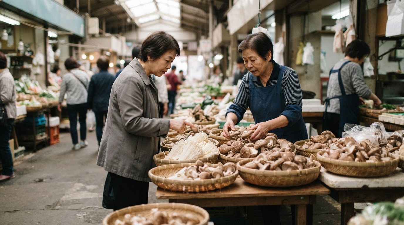 亚洲市场内摆满新鲜菌菇的摊位