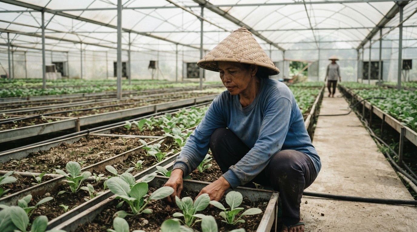 Petani Indonesia merawat kebun sayuran yang subur.